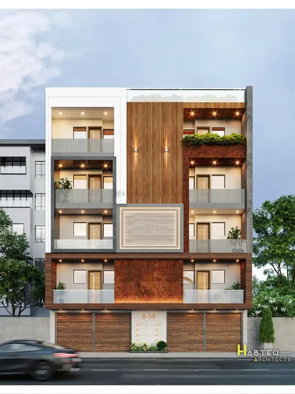 The final proposed elevation for a large 1800 sq. ft. residential project in West Delhi, designed to house eight 100-sq. yard units. The facade uses a mix of wood, corten steel-effect panels, and a central blank space for branding.