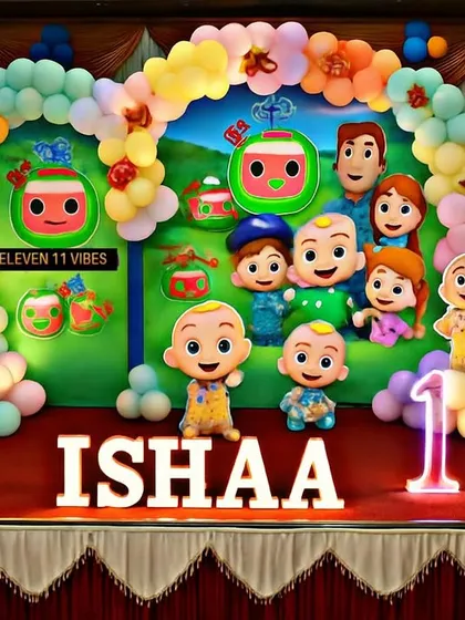 A bright and cheerful Cocomelon theme for a first birthday party. This setup includes a colorful balloon arch, a large backdrop with all the favorite Cocomelon characters, and light-up letters spelling the birthday girl's name.