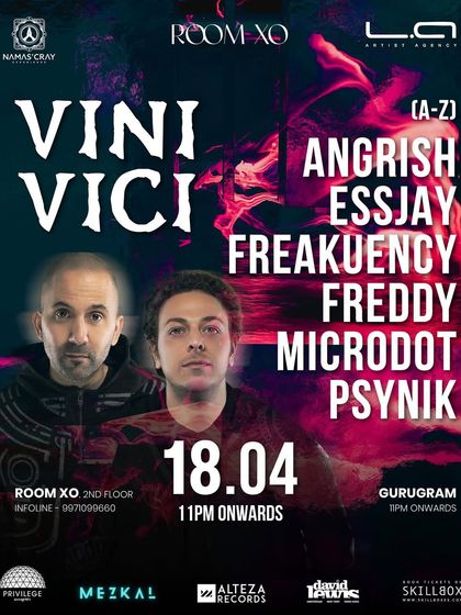 The full lineup for the Vini Vici show, showcasing a mix of international headliners and a strong roster of local supporting artists, including myself.