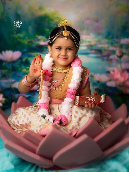 This little goddess, sitting in a large pink lotus, blesses us with her innocent smile in our Saraswati-themed shoot.