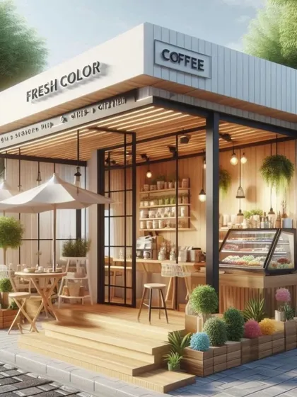 A duplicate of image 104, showcasing the attractive design of our modular coffee shop, complete with outdoor seating and lush greenery.