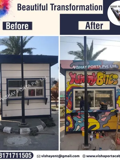 Look at this transformation. I took a standard cabin and turned it into a vibrant, eye-catching food kiosk called 'Yummy Bites'. This shows that my cabins are not just for offices; they are a blank canvas for your business idea, ready for any custom artwork or branding you can imagine.