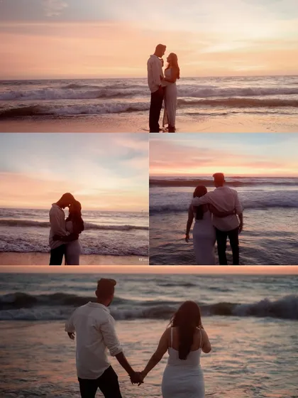 A collage of sunset moments from a Goa beach shoot. It captures the changing colors of the sky and the different romantic poses of the couple, telling the story of a perfect evening.
