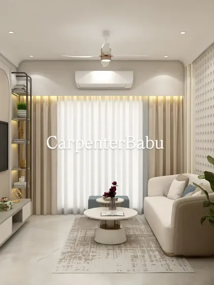 A different perspective of the compact living room, showing how the light curtains and hidden ambient lighting make the space feel larger and brighter.