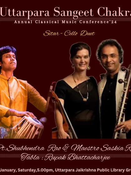 A poster highlighting our sitar-cello duet for the Uttarpara Sangeet Chakra.