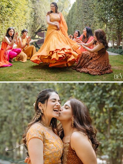 A bride having fun with her bridesmaids and sharing a sweet kiss with her sister during the Haldi festivities.