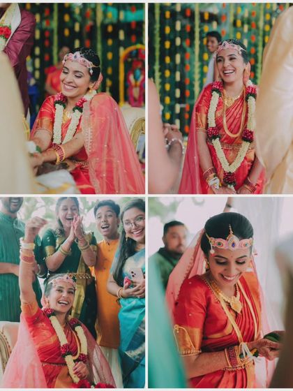 Pure joy and celebration during the wedding rituals. The bride's radiant smile and the cheers from her friends and family make this a cherished memory.