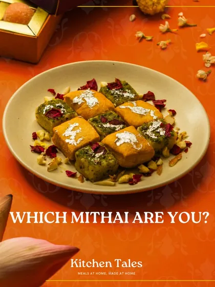 Which mithai are you? This beautiful plate features our special Pista and Badam Barfi, garnished with rose petals and edible silver leaf (vark). It's a luxurious treat we often prepare for wedding announcements and celebrations.
