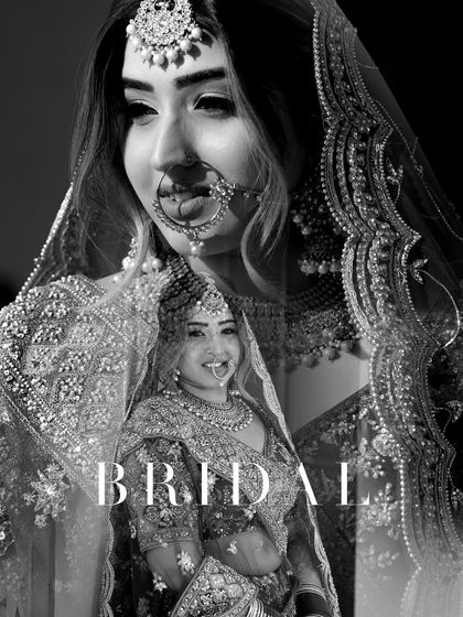 A powerful black and white double-exposure portrait of the bride, Jasmine. Titled 'BRIDAL', this artistic shot captures her strength and beauty.