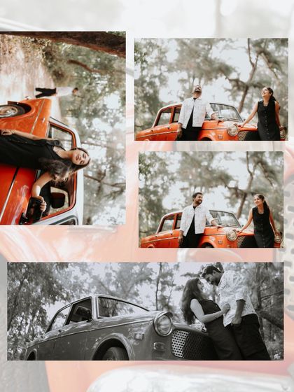 This collage showcases the fun and versatility of a vintage car theme, with a mix of color and black and white shots that tell a complete story.