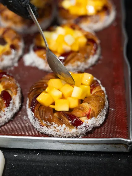 We partner with leading hospitality groups like The Oberoi to deliver custom upskilling programs. This image is from a two-day Viennoiserie workshop, focusing on perfecting laminated doughs and creating high-quality pastries for their hotel menus.