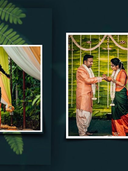 A stylish album-style layout showing a South Indian couple during their ring exchange ceremony.