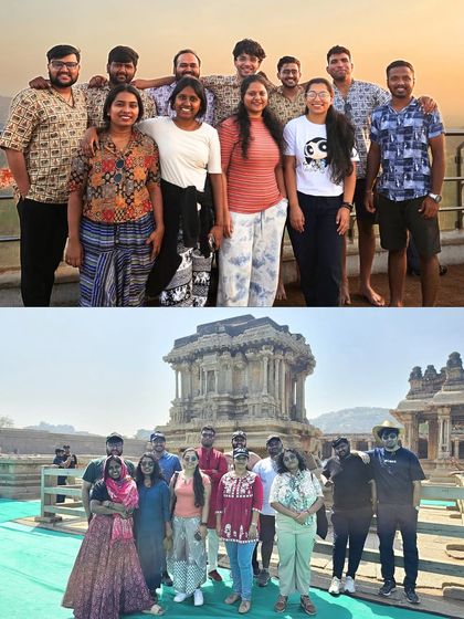 More moments from Hampi, with the group at a sunset viewpoint and in front of the Stone Chariot.