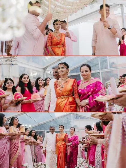 A collage of a South Indian bride's grand entrance, walking under a floral canopy and being escorted by her parents and family.