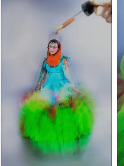 This experimental shot uses a slow shutter speed and a prop dropper to visually represent a catalyst being introduced. The blur effect creates a dynamic and chaotic energy.