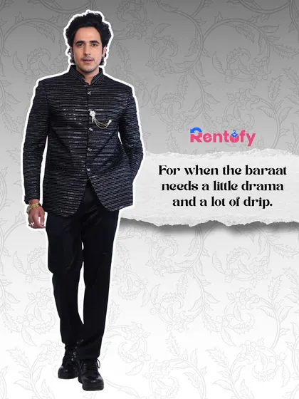 For when the baraat needs a little drama and a lot of drip. This black bandhgala set is your go-to for making an entrance.