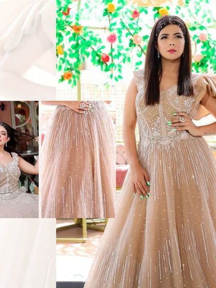 Our client looks absolutely radiant in this beige gown, perfect for a garden party or a daytime event.