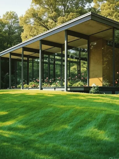 An exterior view of a glass pavilion with a cantilevered roof, creating a sheltered outdoor space. This concept influences our designs for integrated indoor-outdoor living areas.
