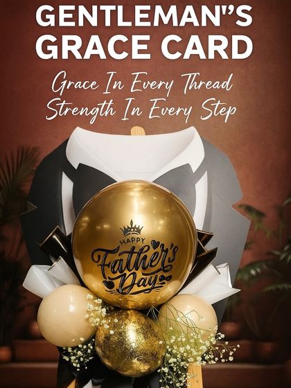 The "Gentleman's Grace Card" is pure sophistication. A gold-and-black balloon bouquet is set against a tuxedo-themed card with the message, "Grace in every thread, strength in every step."