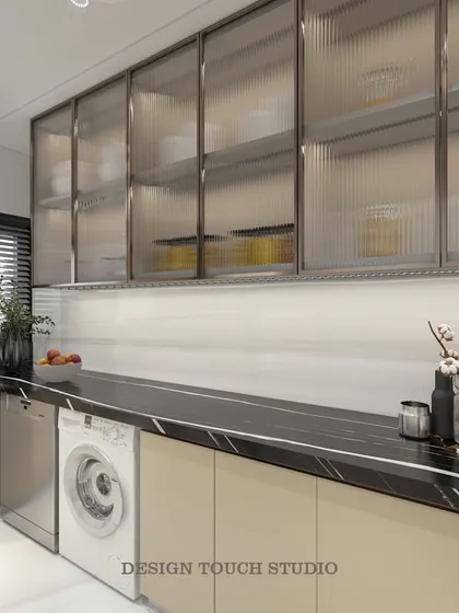 Another view of the kitchen render, showing the long countertop and ample storage space, designed for both aesthetics and efficiency.