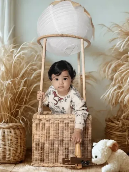 Our versatile hot air balloon prop set against a rustic boho background with pampas grass.