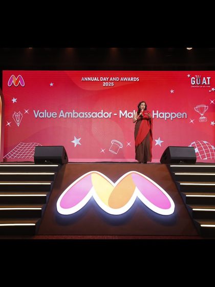 A speaker addresses the audience at the Myntra G.O.A.T Annual Day & Awards. We managed the stage, anchor, and awards flow for this stylish event celebrating talent in fashion and tech.