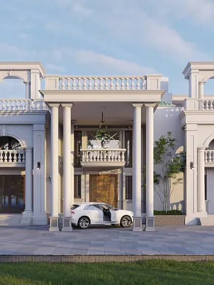 An upcoming project showcasing classical Roman-style architecture with Georgian mouldings and stylish balusters. The design features a grand double-height entrance porch and is set within a landscape that is 75% green space, blending timeless elegance with nature.