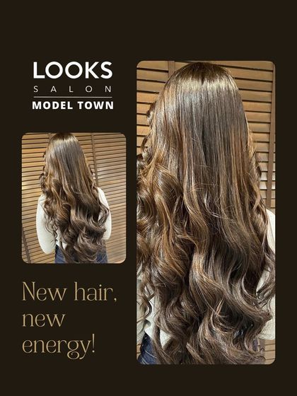 A promotional graphic featuring a stunning example of our balayage work. The image highlights the glossy finish and beautiful waves we create.