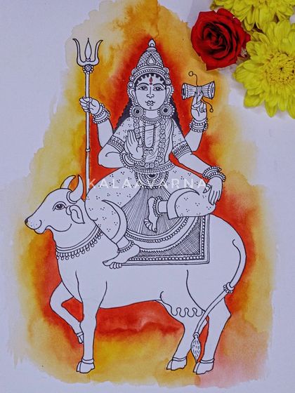 This is Devi Shailaputri, the first form of Navadurga, drawn in Kalamkari style with a watercolor background. She is depicted riding a bull, holding a trident and a lotus.