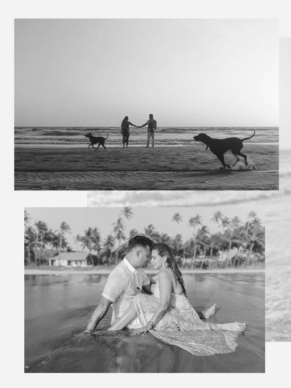 Black and white brings out the emotion. This collage includes a romantic moment in the water and a fun shot with their dogs running on the beach, showing the full story.
