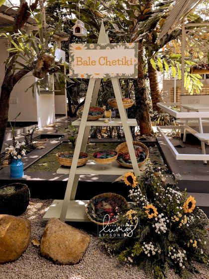 A "Bale Chetiki" counter at a Haldi ceremony, a special tradition for a Kannada-Telugu wedding.