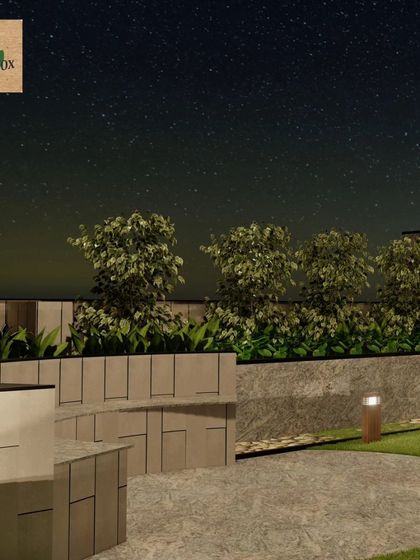 A night-view render of a multi-level terrace garden. This visualization is key to planning the ambient lighting, showing how uplights and path markers will create a cozy and elegant atmosphere after dark.
