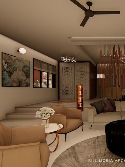 Another perspective of the living space, showing the stepped-up seating area and the interplay of different textures and neutral tones. The design creates distinct zones within a larger open-plan room.