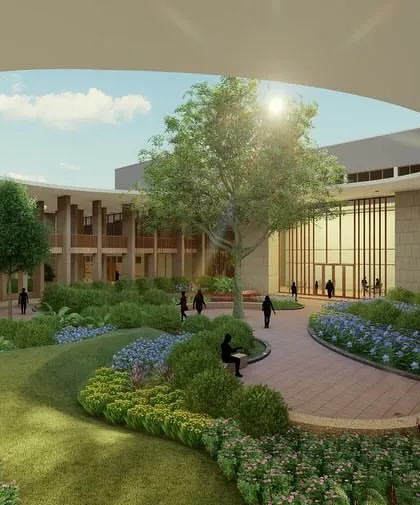 This render of the D.Y. Patil University Rural Health Training Centre illustrates our approach to healing architecture. The central courtyard is designed as a lush, green sanctuary that promotes natural ventilation and daylight, creating a serene environment essential for patient recovery and staff well-being.