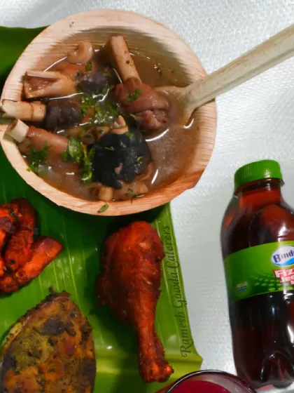 A close look at some of our popular non-veg starters. You can see the rich mutton bone soup, chicken kebab, and chicken leg piece, all prepared in the authentic naati style for a true Karnataka flavor.