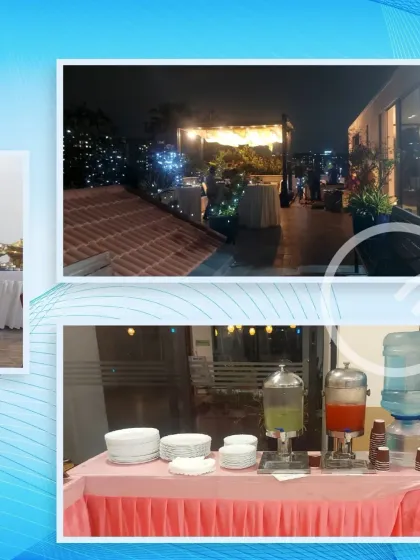 A collage showing our setups for both daytime rooftop events and evening parties, highlighting our beverage station and appetizer tables.