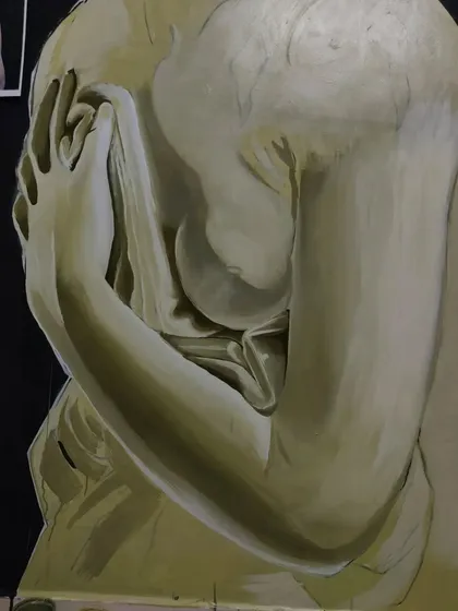A work in progress shot focusing on the torso and drapery. Capturing the soft folds of the fabric against the skin is key to the painting's realism.