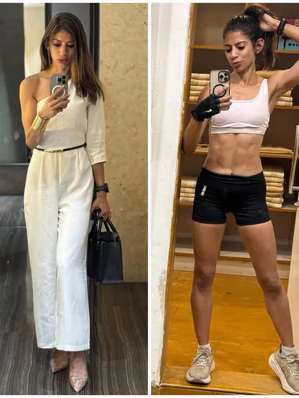 A side by side of me dressed up and in my workout gear. Boldness is forged through experience. It's about showing up as your authentic self, whether in heels or in trainers.