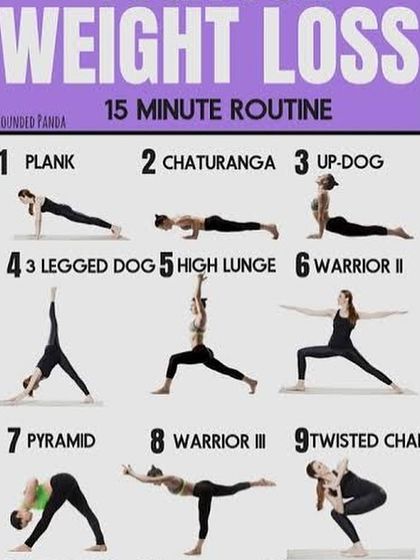 A 15-minute weight loss routine featuring a dynamic flow of nine poses including Plank, Warrior poses, and Twisted Chair.