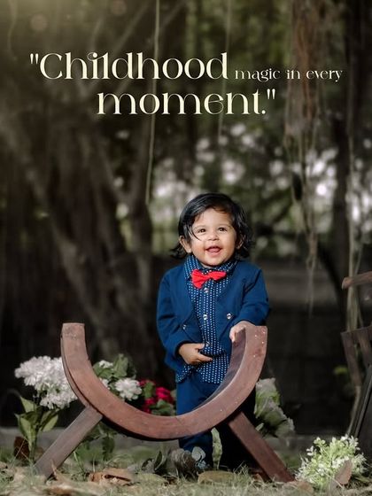 Childhood magic in every moment. This little boy in his smart denim suit celebrates his first birthday in a rustic outdoor setting.