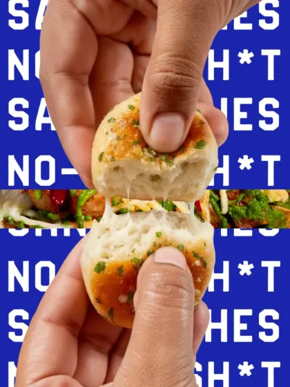 A graphic edit showing the cheese pull of the garlic knot and the sandwich filling.