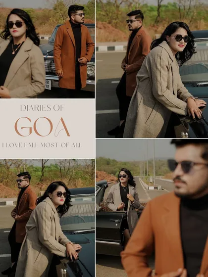 A "Diaries of Goa" themed collage, showcasing the moody and fashionable side of a destination shoot. The warm tones and stylish poses create a cohesive and story-driven visual.