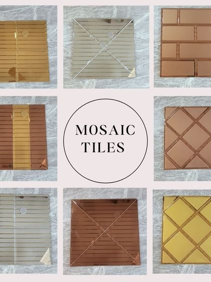 Give your walls a new look with our premium mosaic tiles. This image shows a variety of designs in gold, silver, and copper tones, perfect for backsplashes or feature walls.