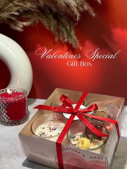 My Valentine's Special Gift Box, featuring four themed shot glass candles, all wrapped up and ready to gift. It’s a simple way to make someone's week of love special.