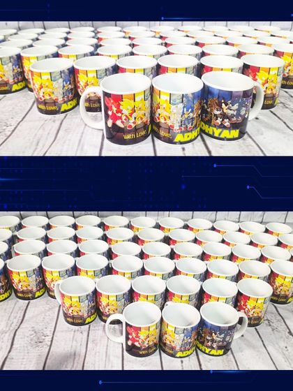 A large order of personalized Sonic the Hedgehog mugs, each printed with a guest's name. The collage design features many characters from the game.