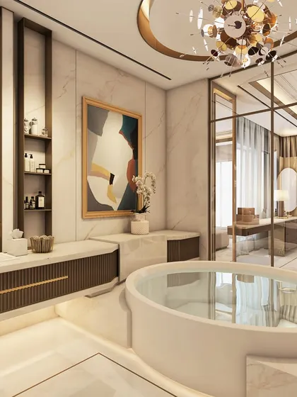 This enigmatic bathroom, part of a 2,000 sq. ft. Parisian-style master suite, mirrors the home's lavishness. Adorned with palatial stones and a modern twist on textures, it creates a regal experience, complete with a freestanding tub overlooking the city.
