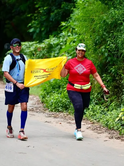 Teamwork makes the dream work. Two of my athletes supporting each other and flying the Kosmic Fitness flag during the Lake to Lake Ultra in Chandigarh.