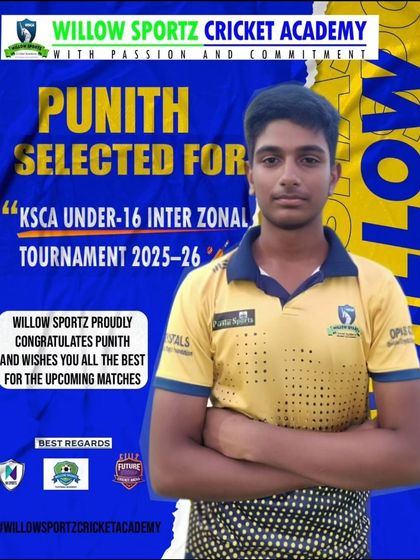 Congratulations to Punith on his selection for the KSCA Under-16 Inter-Zonal Tournament. This graphic celebrates his achievement and bright future.