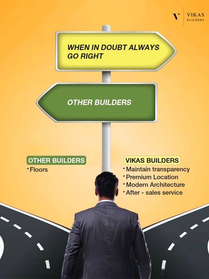 When in doubt, always go right. This graphic contrasts other builders with our commitment to transparency, premium locations, modern architecture, and dedicated after sales service.