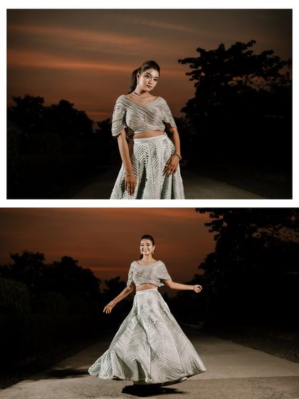 A diptych showing the bride against a fiery sunset sky. The dramatic lighting creates a powerful silhouette effect, highlighting her form and the movement of her lehenga.